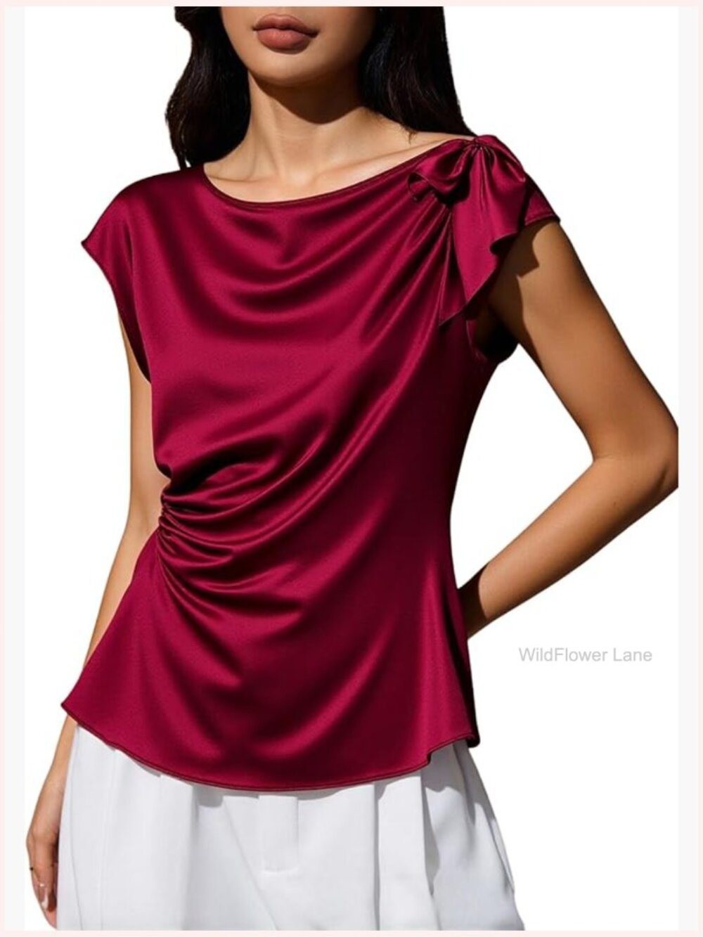 Satin Ruched Bow Tie Blouse Draped Front Cap Sleeve Evening Party Top